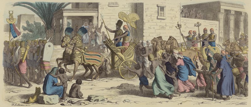 Starożytny egipski faraon wyruszający na wojnę (kolorowy grawerunek) autorstwa Heinrich Leutemann