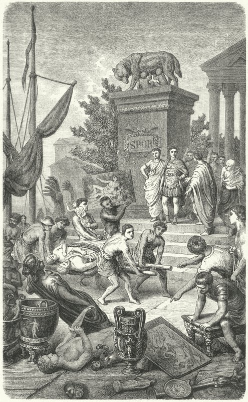 Przybycie starożytnych greckich dzieł sztuki wywiezionych do Rzymu (grafika) autorstwa Heinrich Leutemann