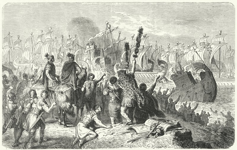 Bitwa pod Akcjum, 31 pne (grawerowanie) autorstwa Heinrich Leutemann