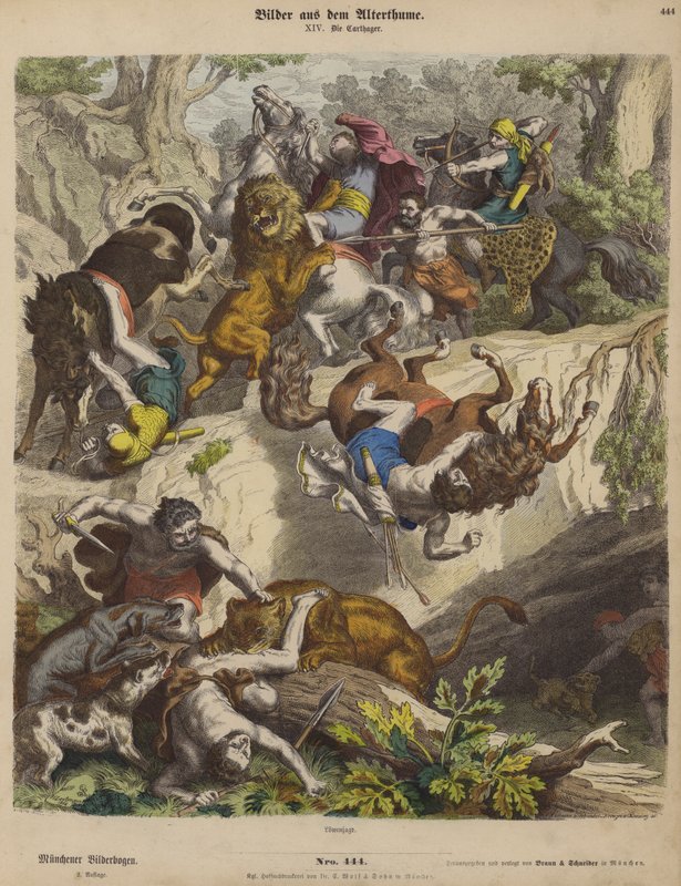 Polowanie na lwy kartagińskie (kolorowy grawerunek) autorstwa Heinrich Leutemann