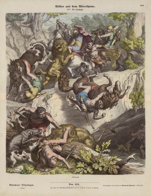 Polowanie na lwy kartagińskie (kolorowy grawerunek) autorstwa Heinrich Leutemann