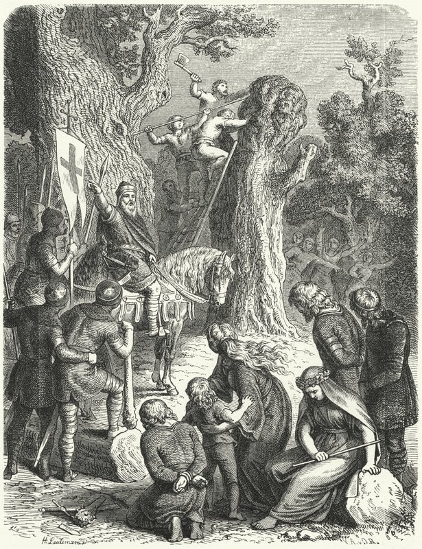 Karol Wielki nakazuje ścięcie Irmensaule, świętego dębu Sasów, 772 (rycina) autorstwa Heinrich Leutemann