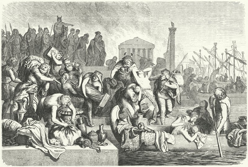 Wyjazd floty Wandalów obładowanej łupami ze zrabowanego miasta (rycina) autorstwa Heinrich Leutemann