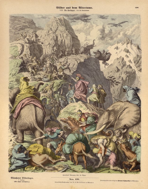 Hannibal prowadzący armię Kartaginy przez Alpy (kolorowy grawerunek) autorstwa Heinrich Leutemann