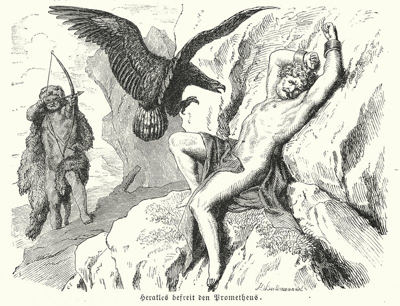 Herakles uwalniający Prometeusza (rycina) autorstwa Heinrich Leutemann