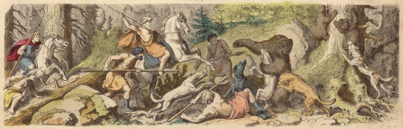 Polowanie na niedźwiedzie w starożytnej Grecji (kolorowy grawerunek) autorstwa Heinrich Leutemann