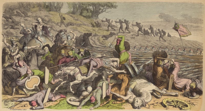 Falanga macedońska w walce z Persami (kolorowy grawerunek) autorstwa Heinrich Leutemann