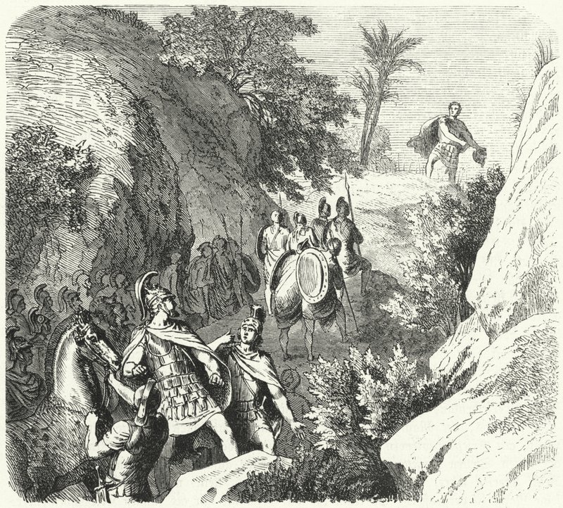 Perseusz Macedoński w marszu przez wąwozy Tesalii (rycina) autorstwa Heinrich Leutemann