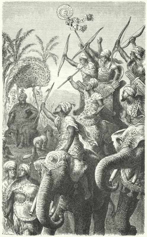 Porus, król Paurawów, przegląd swoich słoni bojowych (rycina) autorstwa Heinrich Leutemann