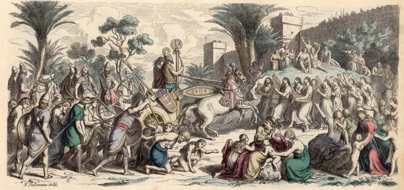 Przyjęcie zwycięskiej armii asyryjskiej (kolorowy grawerunek) autorstwa Heinrich Leutemann