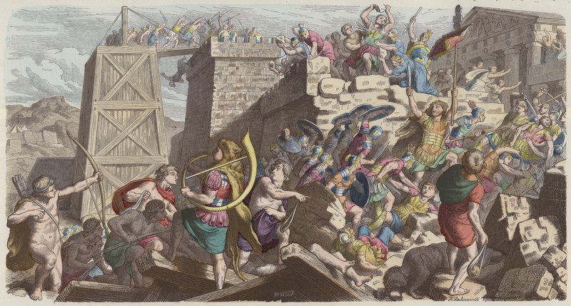 Rzymscy żołnierze szturmujący miasto (kolorowy grawerunek) autorstwa Heinrich Leutemann