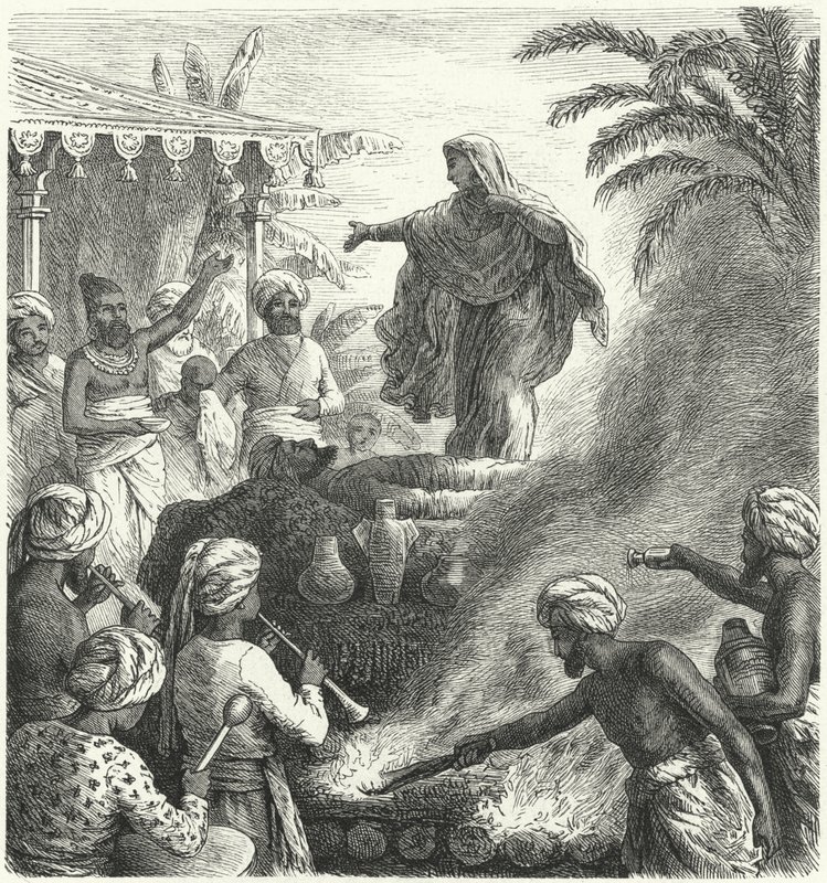 Suttee, hinduski zwyczaj pogrzebowy (grawerowanie) autorstwa Heinrich Leutemann