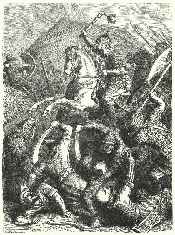 Kozacki dowódca wojskowy Jermak Timofiejewicz w walce z Tatarami Kuczum-chana (rycina) autorstwa Heinrich Leutemann