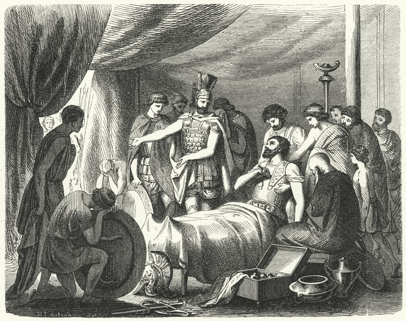 Śmierć Epaminondasa, 362 pne (grawerowanie) autorstwa Heinrich Leutemann