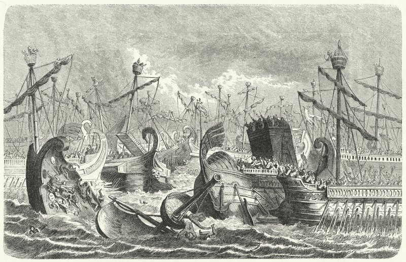 Zwycięstwo floty rzymskiej nad Kartagińczykami w bitwie pod Aegatami, 241 pne (grafika) autorstwa Heinrich Leutemann