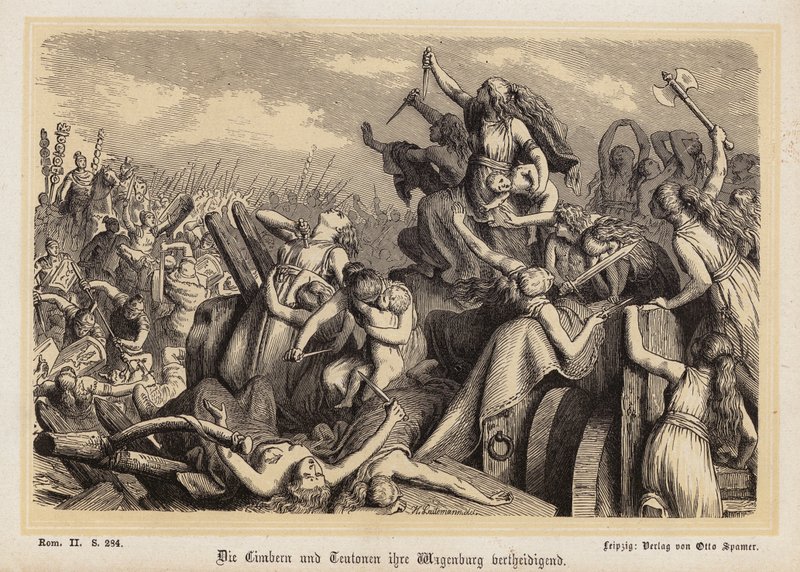 Kobiety Cymbrów i Teutonów broniące swojego pociągu bagażowego przed Rzymianami (rycina) autorstwa Heinrich Leutemann