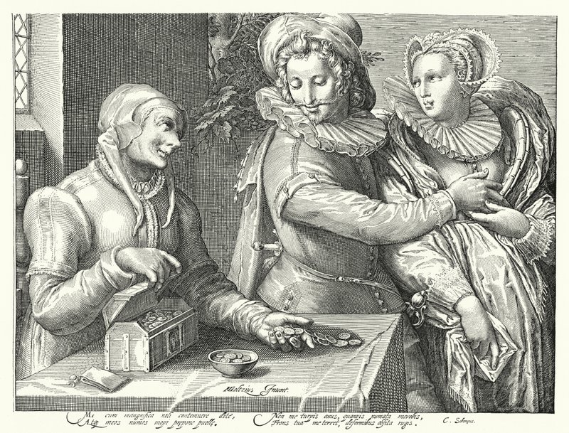 Młody mężczyzna wybierający miłość do piękna zamiast bogactwa (rycina) autorstwa Hendrik (after) Goltzius
