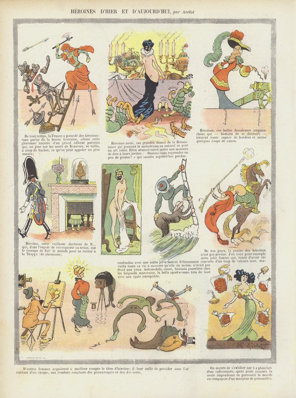 Bohaterki przeszłości i teraźniejszości. Ilustracja do Le Rire autorstwa Henri Avelot