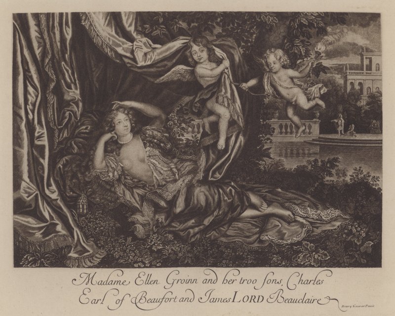 Nell Gwyn i jej dwaj synowie, Charles, Earl of Burford i James, Lord Beauclerk (grafika) autorstwa Henri Gascar