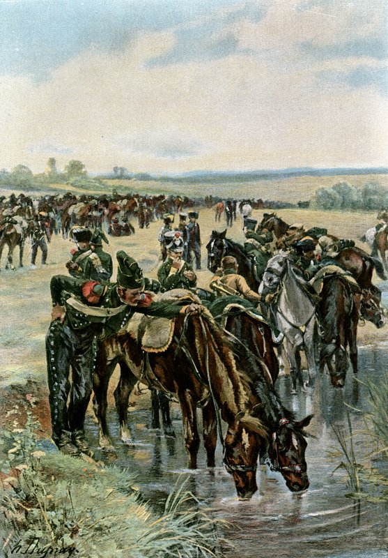 Pułkownik Castex karmi konie przed szarżą autorstwa Henri Louis Dupray