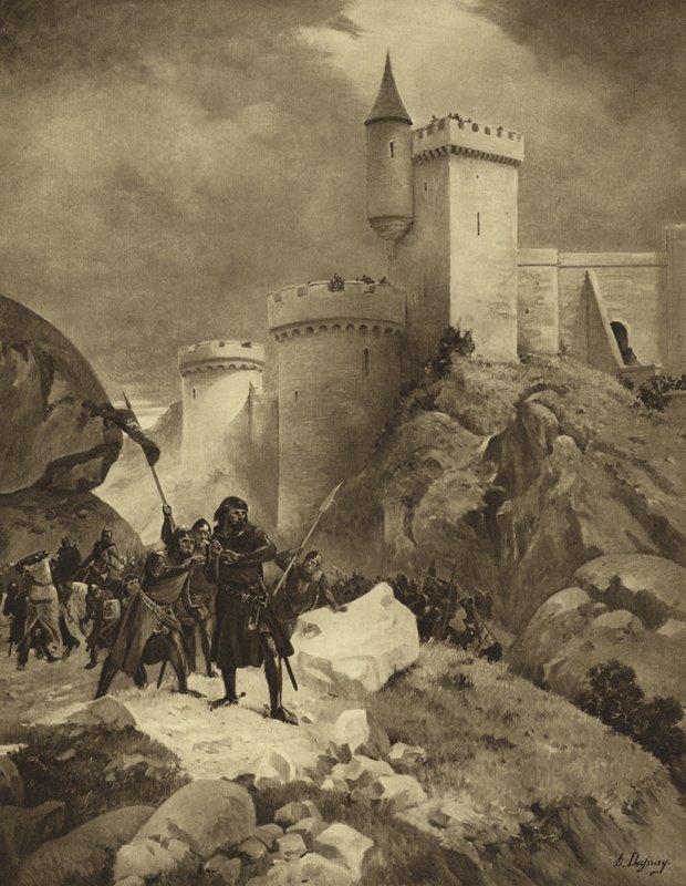 Król Ryszard I z Anglii podczas oblężenia Chalus, 1199 (wklęsłodruk) autorstwa Henri Louis Dupray