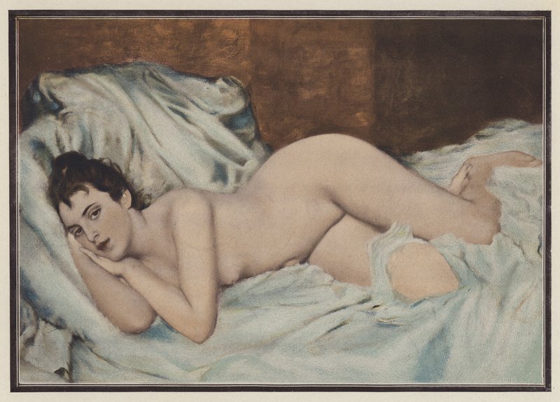 Naga kobieta na łóżku (kolor lito) autorstwa Henri Lucien (after) Doucet