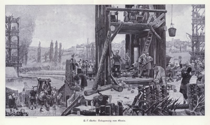 Oblężenie Alezji, Galii, 52 pne, Ilustracja ze Sztuki Współczesnej w Mistrzowskich Drzeworytach (Richard Bong, Berlin, ok. 1904 (rycina) autorstwa Henri Paul (after) Motte