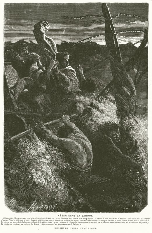Juliusz Cezar, przebrany za niewolnika, ujawnia swoją tożsamość załodze łodzi złapanej przez sztorm podczas przeprawy przez Morze Adriatyckie, 48 pne (rycina) autorstwa Henri de (after) Montaut