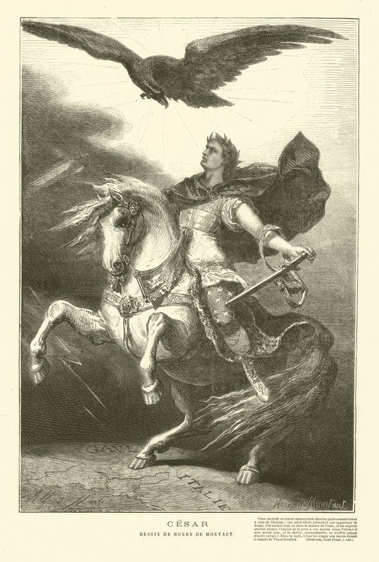 Juliusz Cezar na koniu z orłem cesarskim nad nim (rycina) autorstwa Henri de (after) Montaut