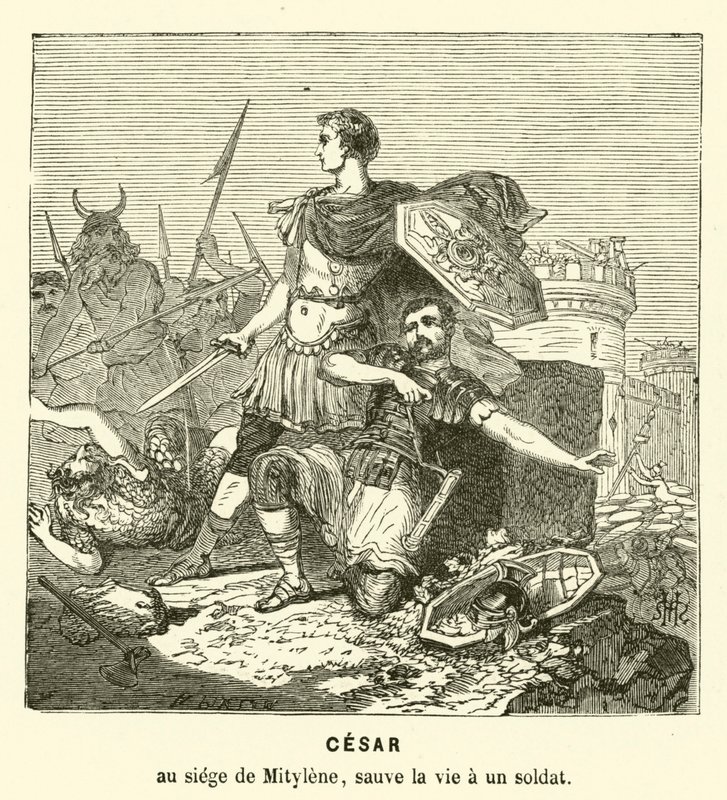 Juliusz Cezar ratujący życie żołnierza podczas oblężenia Mityleny, Lesbos, Grecja, 81 pne (rycina) autorstwa Henri de (after) Montaut
