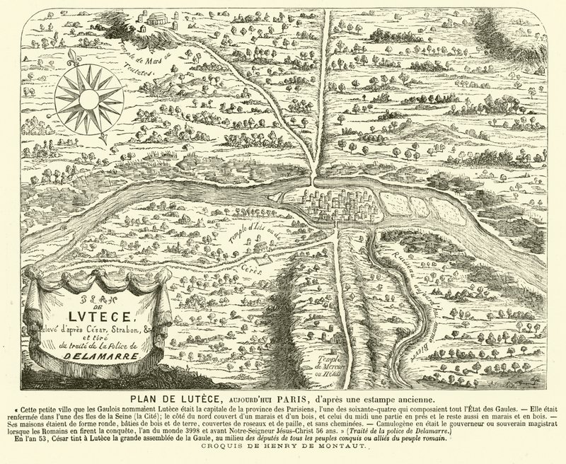 Plan rzymskiego miasta Lutetia, miejsca współczesnego Paryża (rycina) autorstwa Henri de (after) Montaut