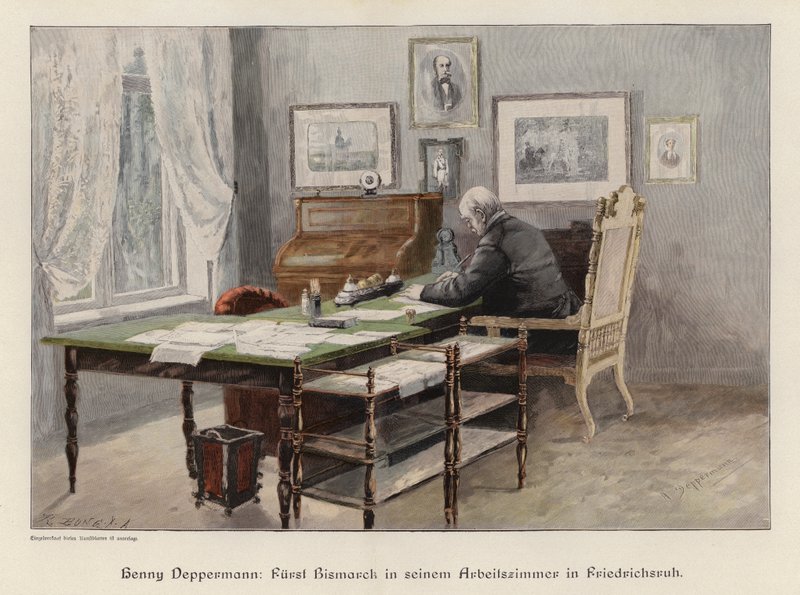 Otto von Bismarck w swoim gabinecie w Friedrichsruh, Niemcy (kolorowe grawerowanie) autorstwa Henriette Deppermann