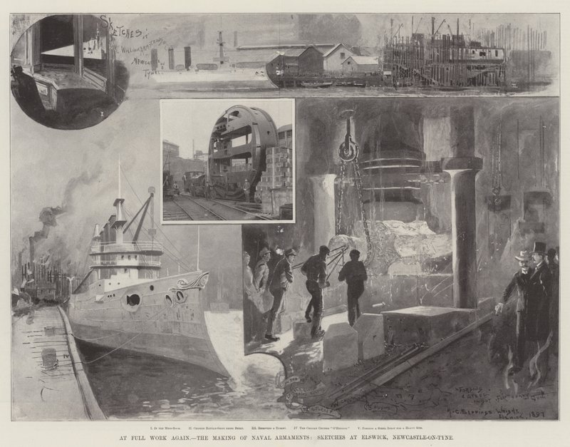 Ponownie w pełnej pracy, produkcja uzbrojenia morskiego, szkice w Elswick, Newcastle-on-Tyne autorstwa Henry Charles Seppings Wright