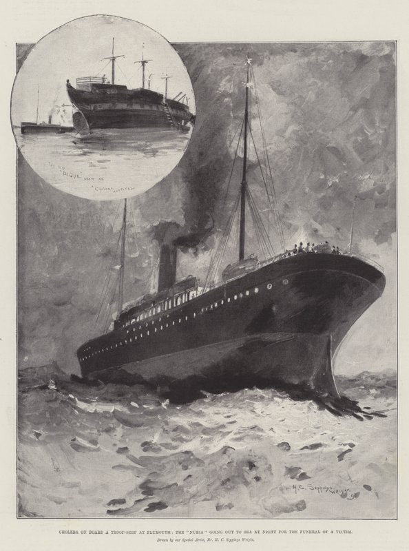 Cholera na pokładzie statku wojskowego w Plymouth, Nubia wypływająca nocą na morze na pogrzeb ofiary autorstwa Henry Charles Seppings Wright