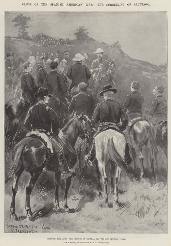 Zakończenie wojny amerykańsko-hiszpańskiej, kapitulacja Santiago, między liniami, spotkanie generała Shaftera i generała Torala autorstwa Henry Charles Seppings Wright