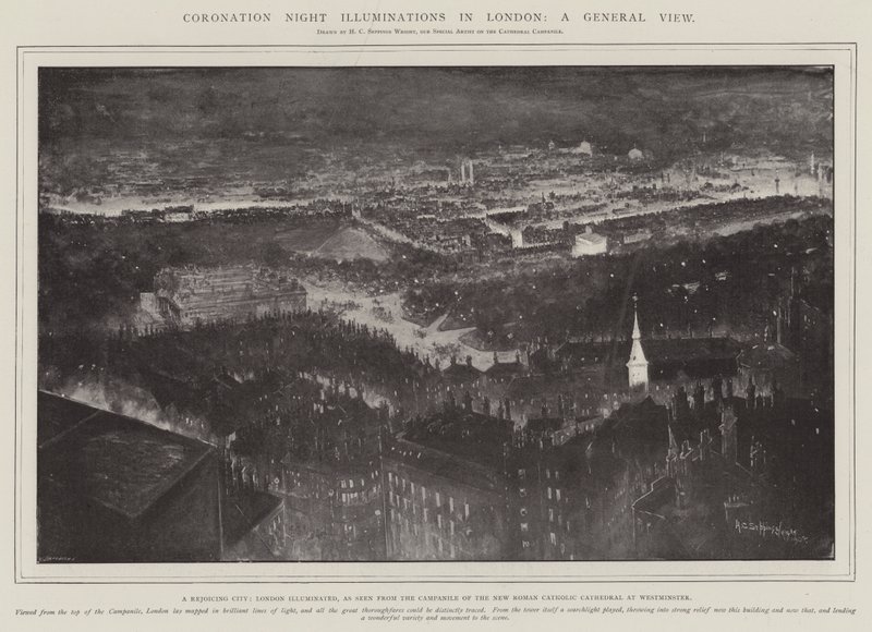 Iluminacje nocy koronacyjnej w Londynie, widok ogólny, miasto radości, Londyn Oświetlone, jak widać z dzwonnicy nowej rzymskokatolickiej katedry w Westminster autorstwa Henry Charles Seppings Wright