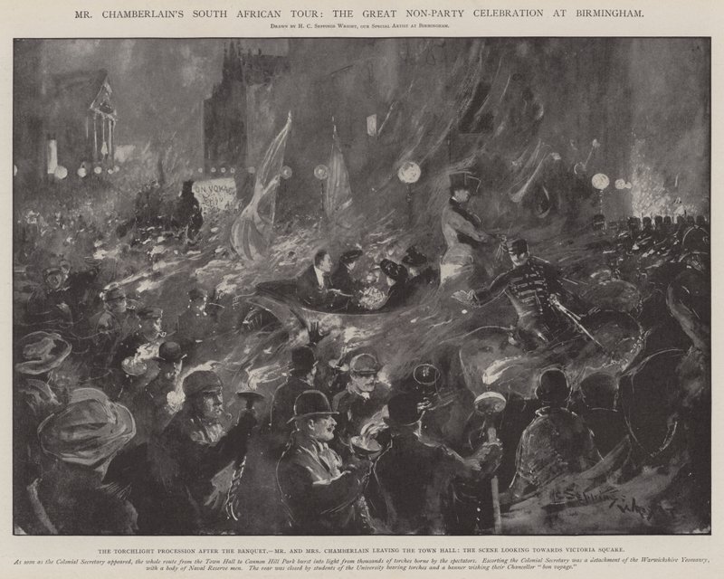 Południowoafrykańska wycieczka pana Chamberlaina, wielkie święto pozapartyjne w Birmingham autorstwa Henry Charles Seppings Wright