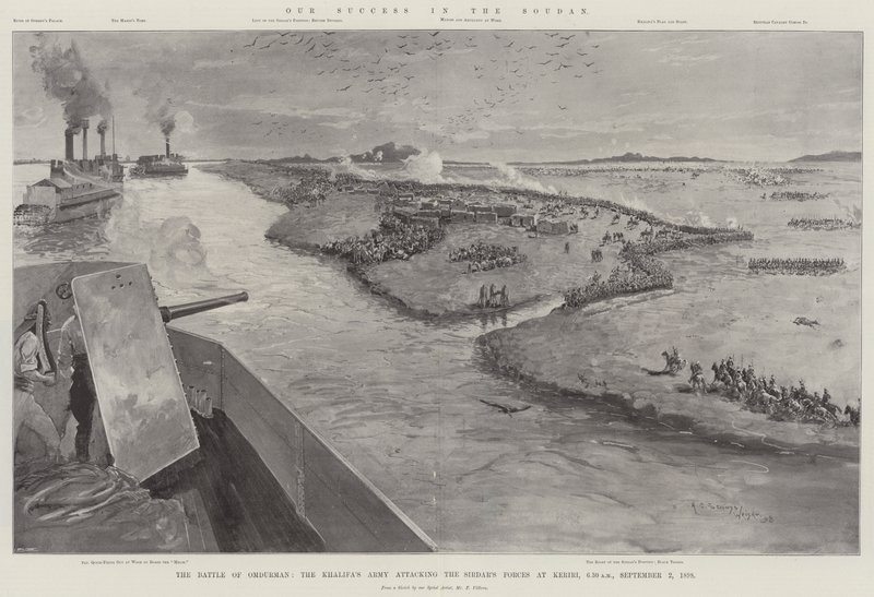 Nasz sukces w Sudanie, Bitwa pod Omdurmanem, Armia Kalifa atakująca Siły Sirdara pod Keriri, 6.30 rano, 2 września 1898 r. autorstwa Henry Charles Seppings Wright