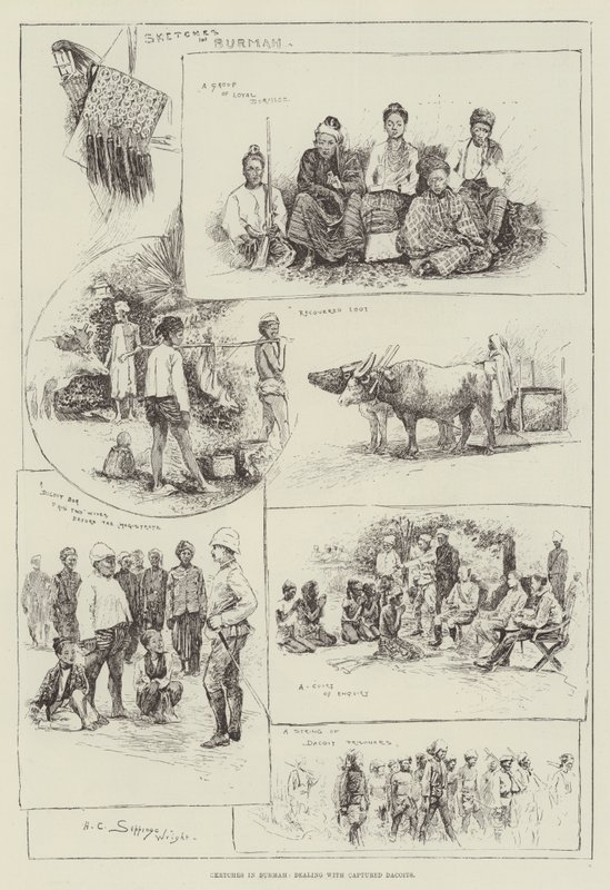 Szkice w Birmie, dotyczące schwytanych dakoitów autorstwa Henry Charles Seppings Wright