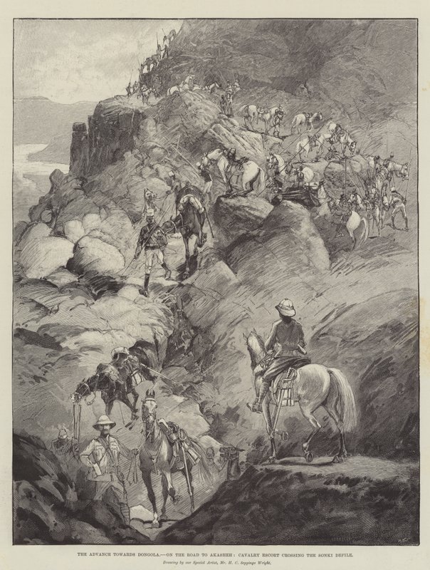 Natarcie w kierunku Dongoli, na drodze do Akasheh, eskorta kawalerii przekraczająca Sonki Defile autorstwa Henry Charles Seppings Wright