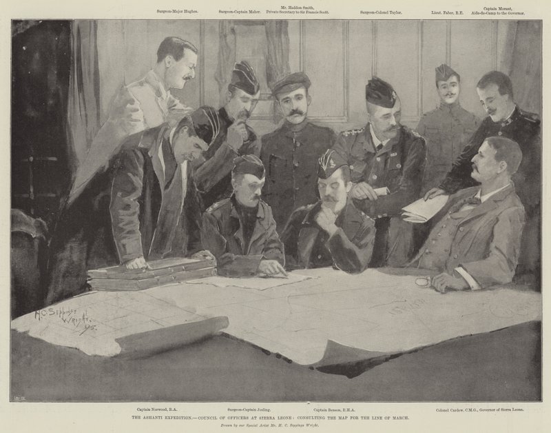 Ekspedycja Ashanti, Rada Oficerów w Sierra Leone, konsultując Mapę dla Linii Marca autorstwa Henry Charles Seppings Wright