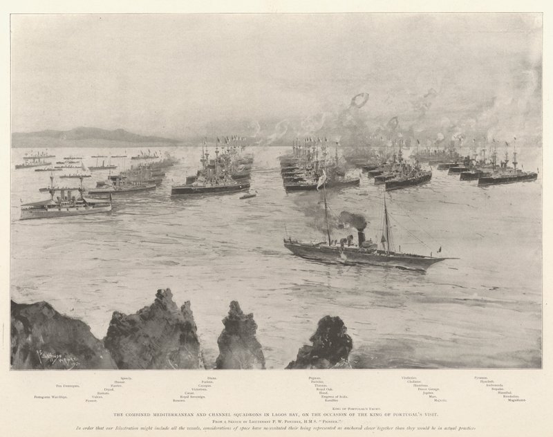 Połączona eskadra śródziemnomorska i kanałowa w zatoce Lagos z okazji wizyty króla Portugalii autorstwa Henry Charles Seppings Wright