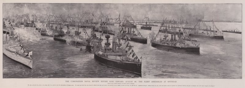 Coronation Naval Review przed królem Edwardem, 16 sierpnia, Flota zebrała się w Spithead autorstwa Henry Charles Seppings Wright