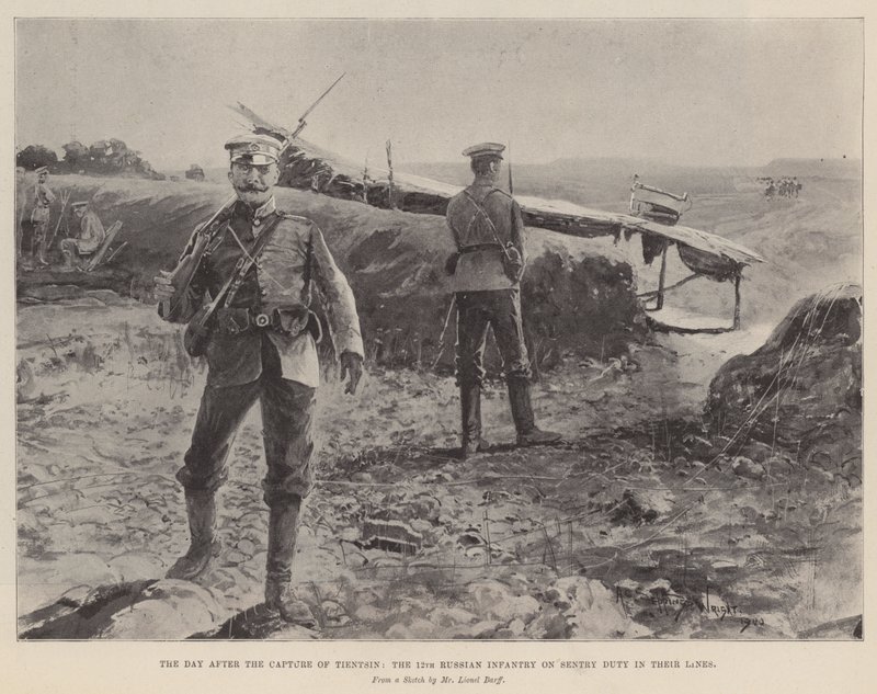 Dzień po zdobyciu Tientsin, 12. rosyjska piechota na służbie wartowniczej w swoich liniach autorstwa Henry Charles Seppings Wright
