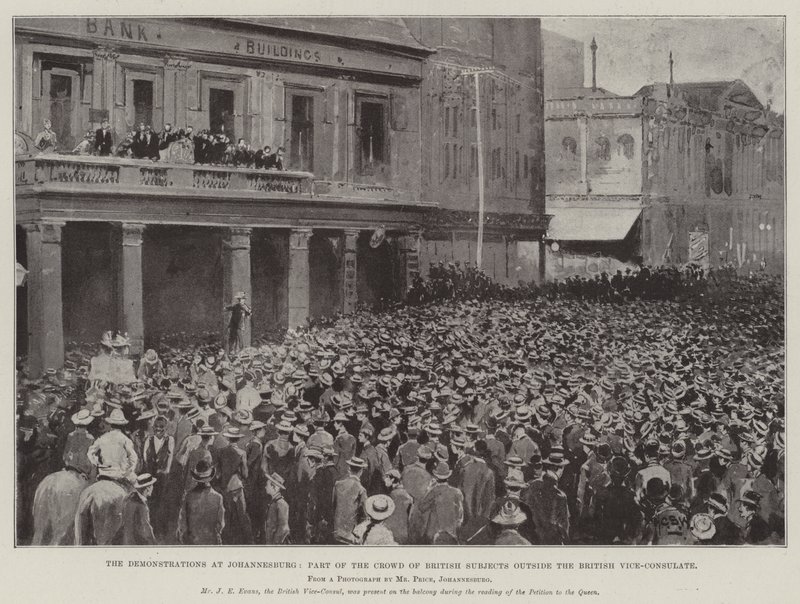 Demonstracje w Johannesburgu, część tłumu brytyjskich poddanych poza brytyjskim wicekonsulatem autorstwa Henry Charles Seppings Wright