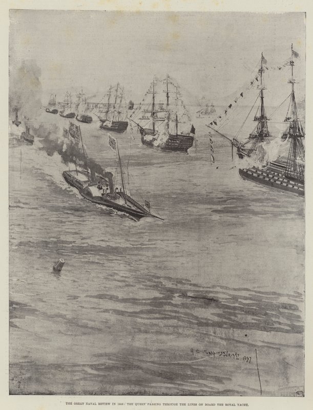 Wielki Przegląd Marynarki Wojennej w 1856 r., Królowa przechodząca przez linie na pokładzie Royal Yacht autorstwa Henry Charles Seppings Wright