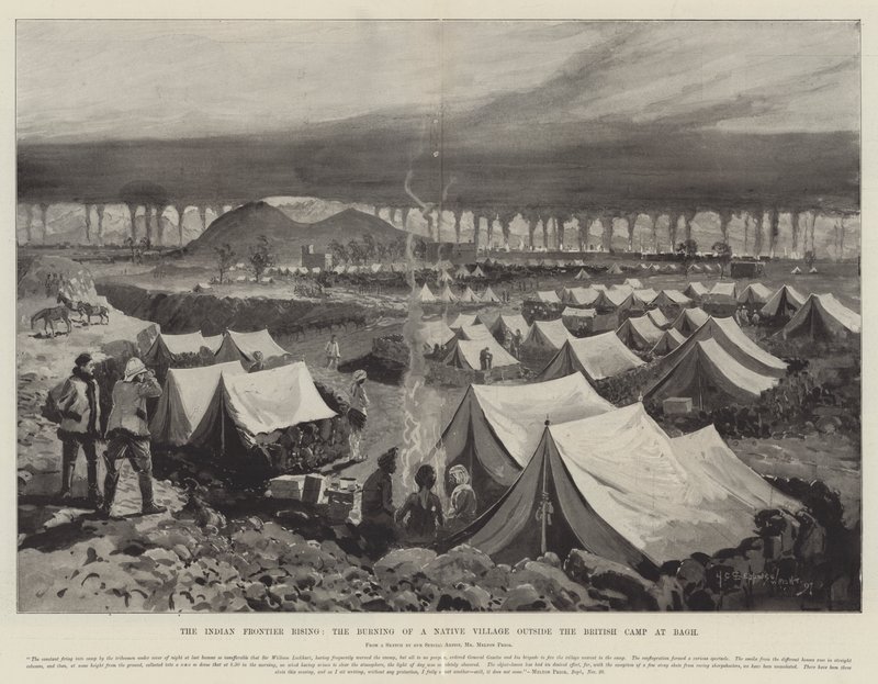 Indian Frontier Rising, spalenie tubylczej wioski poza obozem brytyjskim w Bagh autorstwa Henry Charles Seppings Wright