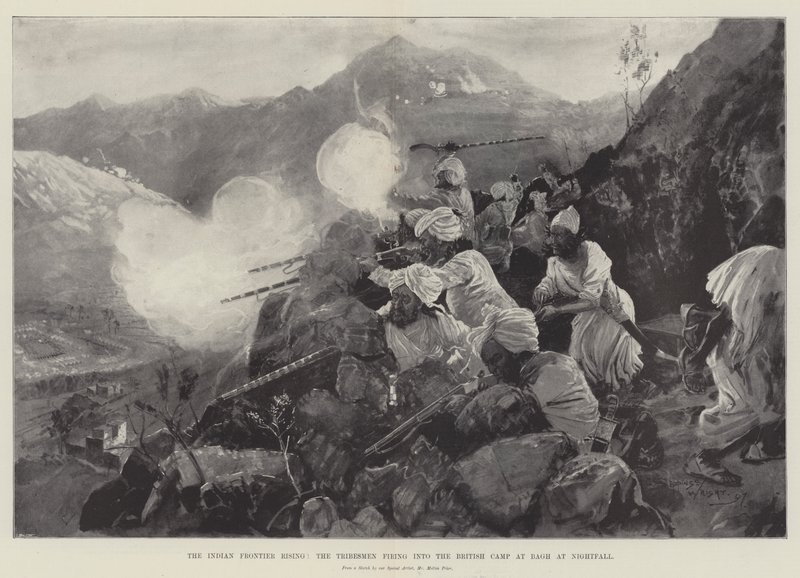 Indian Frontier Rising, plemiona wystrzeliwujące brytyjski obóz w Bagh o zmroku autorstwa Henry Charles Seppings Wright