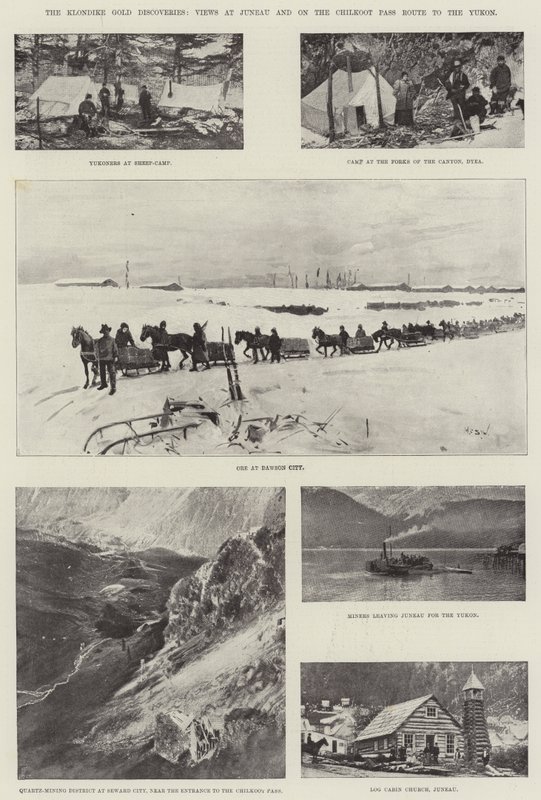 Odkrycia złota Klondike, widoki w Juneau i na trasie Chilkoot Pass do Yukon autorstwa Henry Charles Seppings Wright