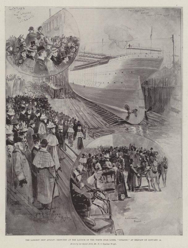 Największy statek na wodzie, szkice podczas wodowania liniowca White Star, Oceanic, w Belfaście 14 stycznia autorstwa Henry Charles Seppings Wright